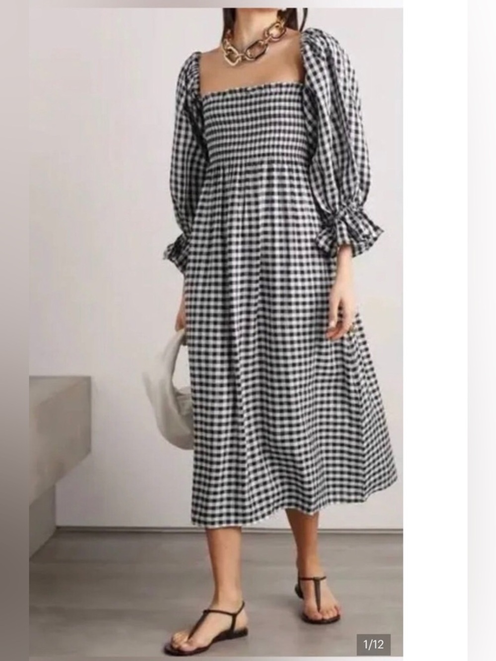 SLEEPER /Atlanta Smocked Gingham Midi Dress Puff Sleeves - Sz L - NWT